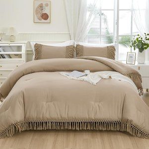 Tan Bohemian Tassel Trim King Size Bed Comforter Shams Neutral Boho Bedding Set